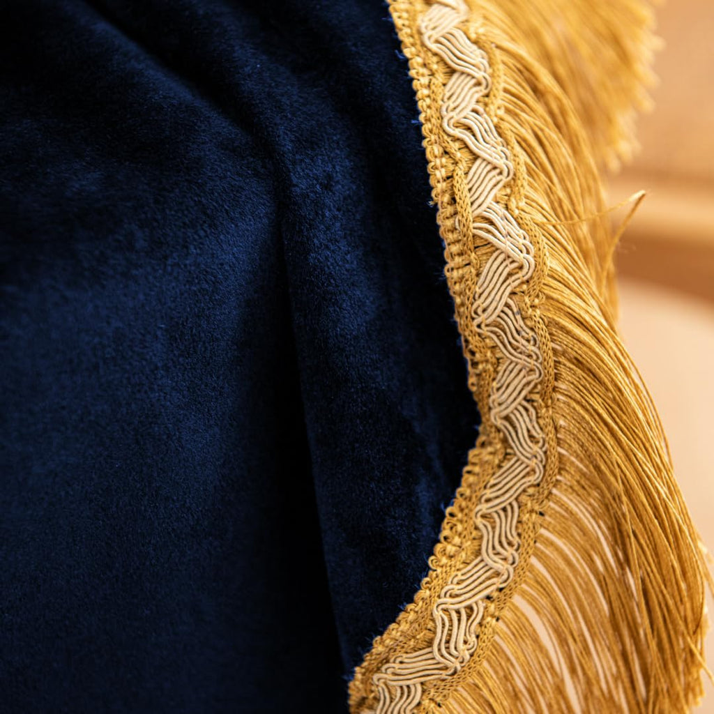 70 Inch Round Velvet Tablecloth, Navy Blue Decorative Table Cover with Gold Tassel Trim, Heavy Soft Plush Fabric