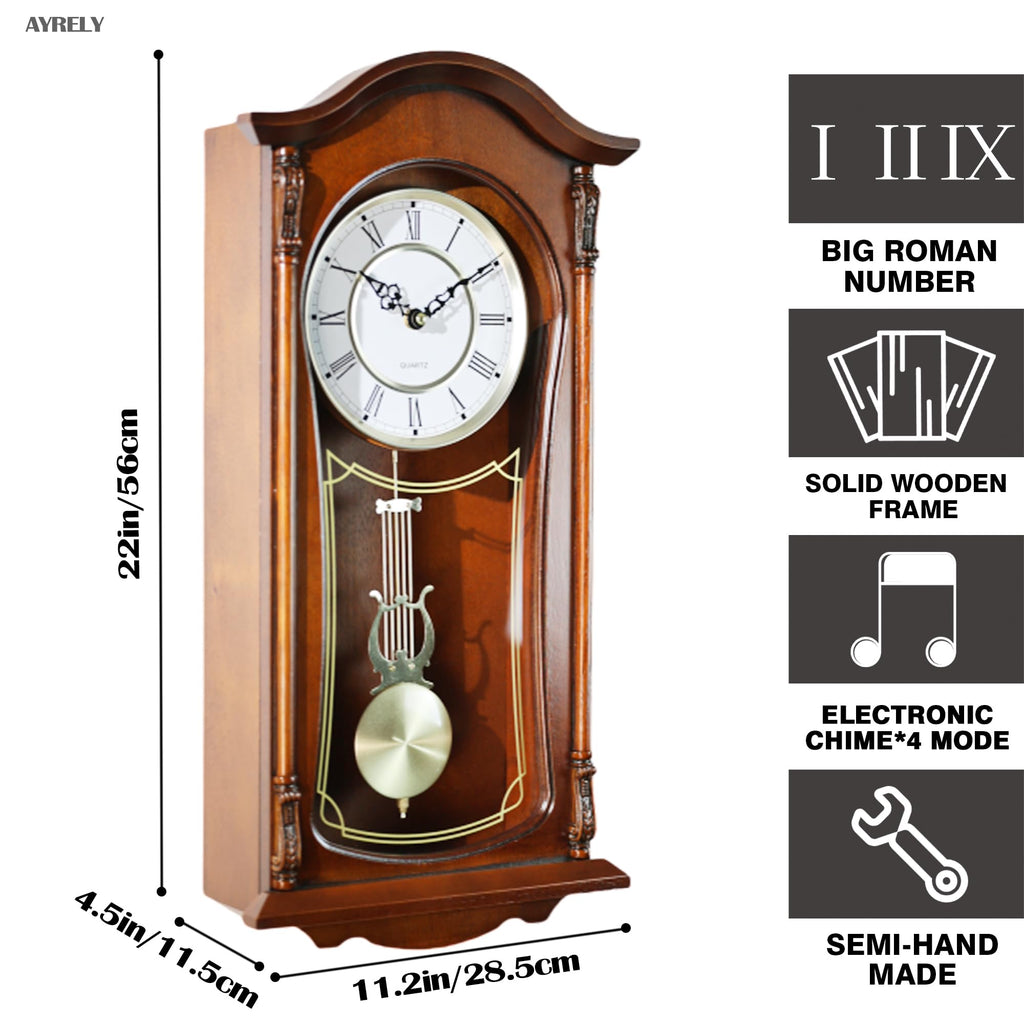 22IN Grandfather Vintage Wall Clock with Pendulum and Chime, Hour/Quarter-Hour Chime, Mahogany Wooden Frame, Large