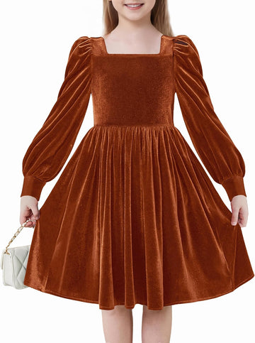 Girls Dresses Velvet Square Neck Puff Long Sleeve with Pockets