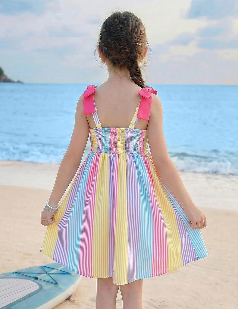 Beach Dress Summer Outfit Boho Straps Smocked Cami Bow Princess Casual Birthday Party Clothes