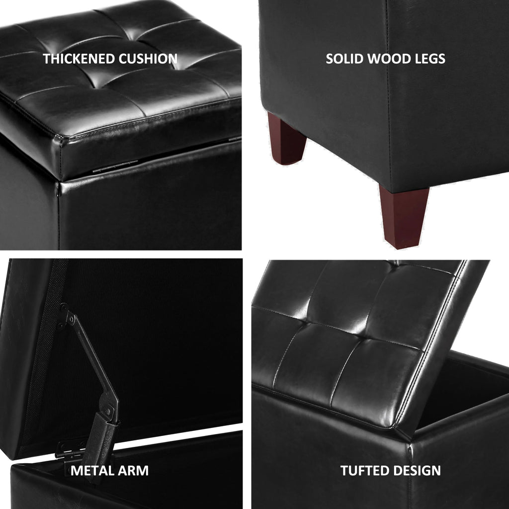 Storage Ottoman Foot Rest Stool, Leather Ottoman Footstool with Wood Legs and Hinged Lid, 18" Small Foot Stool Bench
