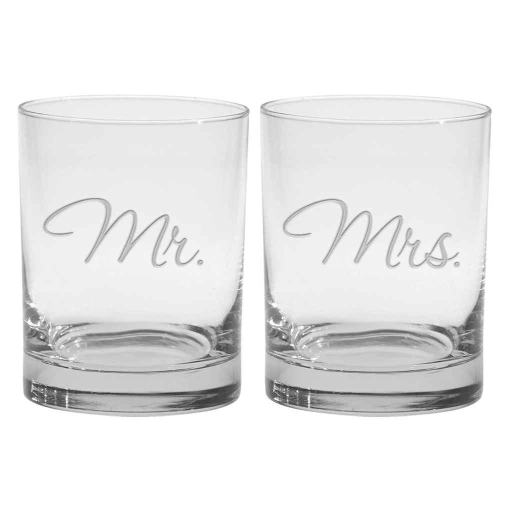 Mr. & Mrs. Deep Etched (DOF) Double Old Fashioned Glasses, 13.5-Ounce (Gift Boxed, Set of 2)