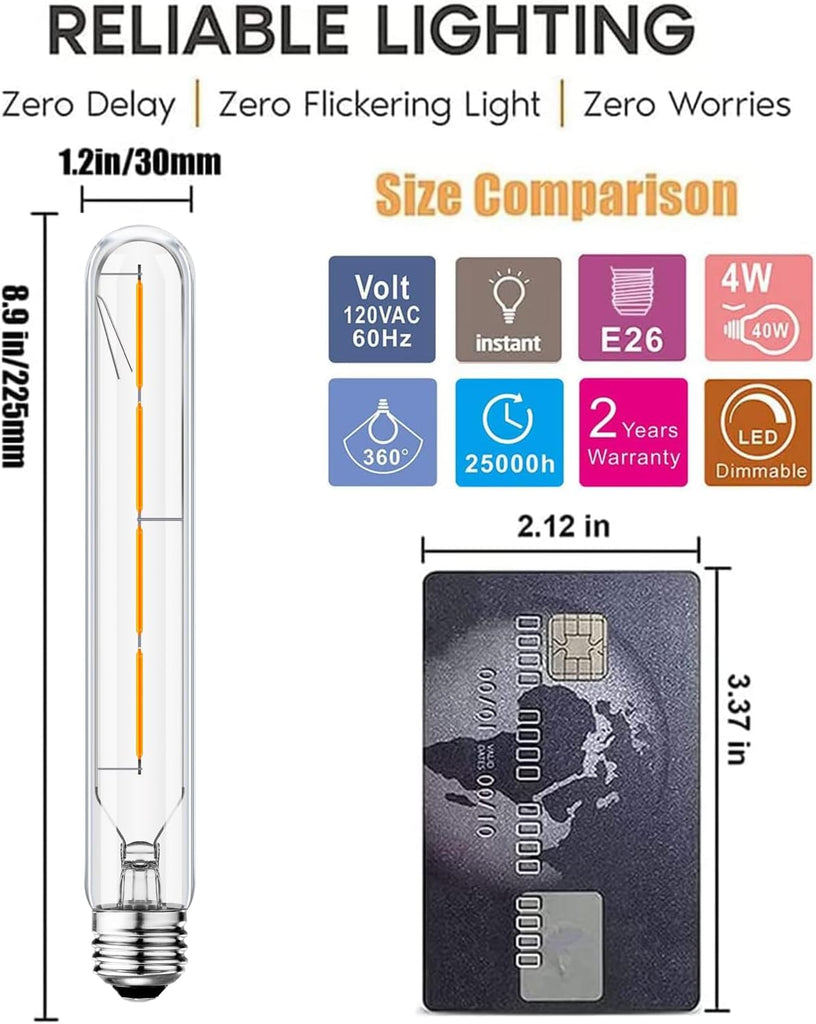T10 Led Long Bulbs,4W Dimmable Tubular Bulb,40 Watt Equivalent,E26 Edison Style Vintage LED Filament Light Bulb,3000K