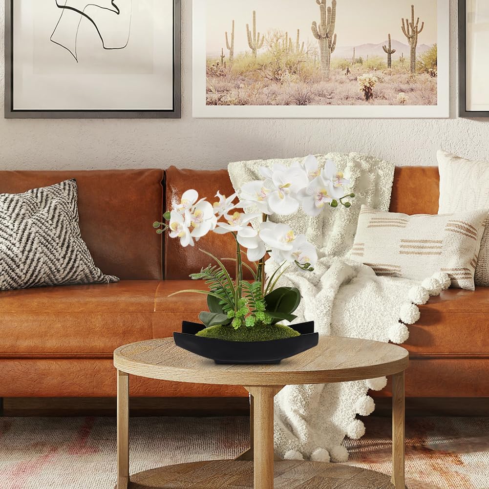 Orchid Artificial Flowers 15in White Fake Orchid Silk Flowers with Black Pot Faux Phalaenopsis Arrangement Room Table