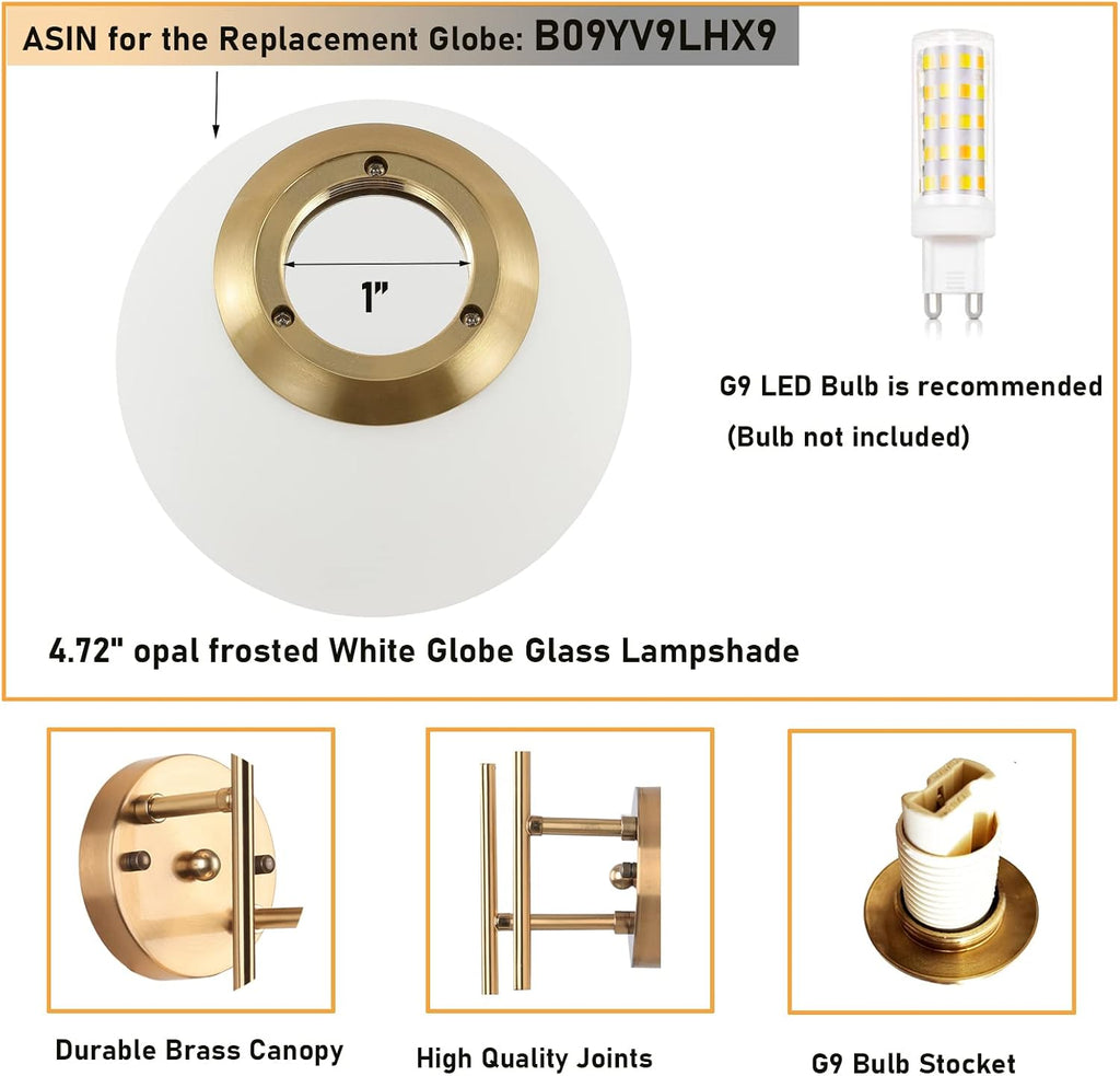 Gold Globe Wall Sconce, 7.5" W x 20" H, G9 Base, Compatible with LED or Halogen Bulbs, Perfect for Bathroom, Kitchen