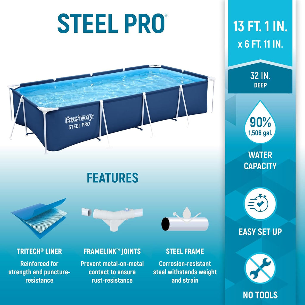 Steel Pro 13 Foot x 32 Inch Rectangular Above Ground Outdoor Pool Steel Framed Vinyl Swimming Pool with 1,506 Gallon