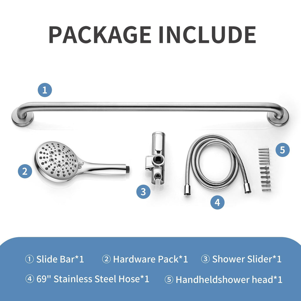 Stainless Steel Grab Bar Set - Includes Handheld Shower Head with Extra Long Hose, Shower Head and Hose Chrome Plated
