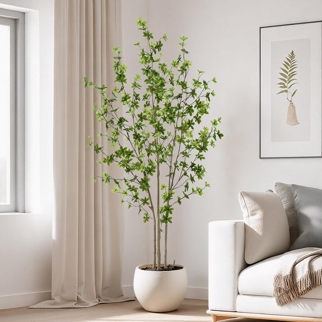 Artificial Enkianthus Tree 6ft Tall Fake Plant with Lifelike Leaves and Trunk - Large Indoor Floor Plant in White Pot