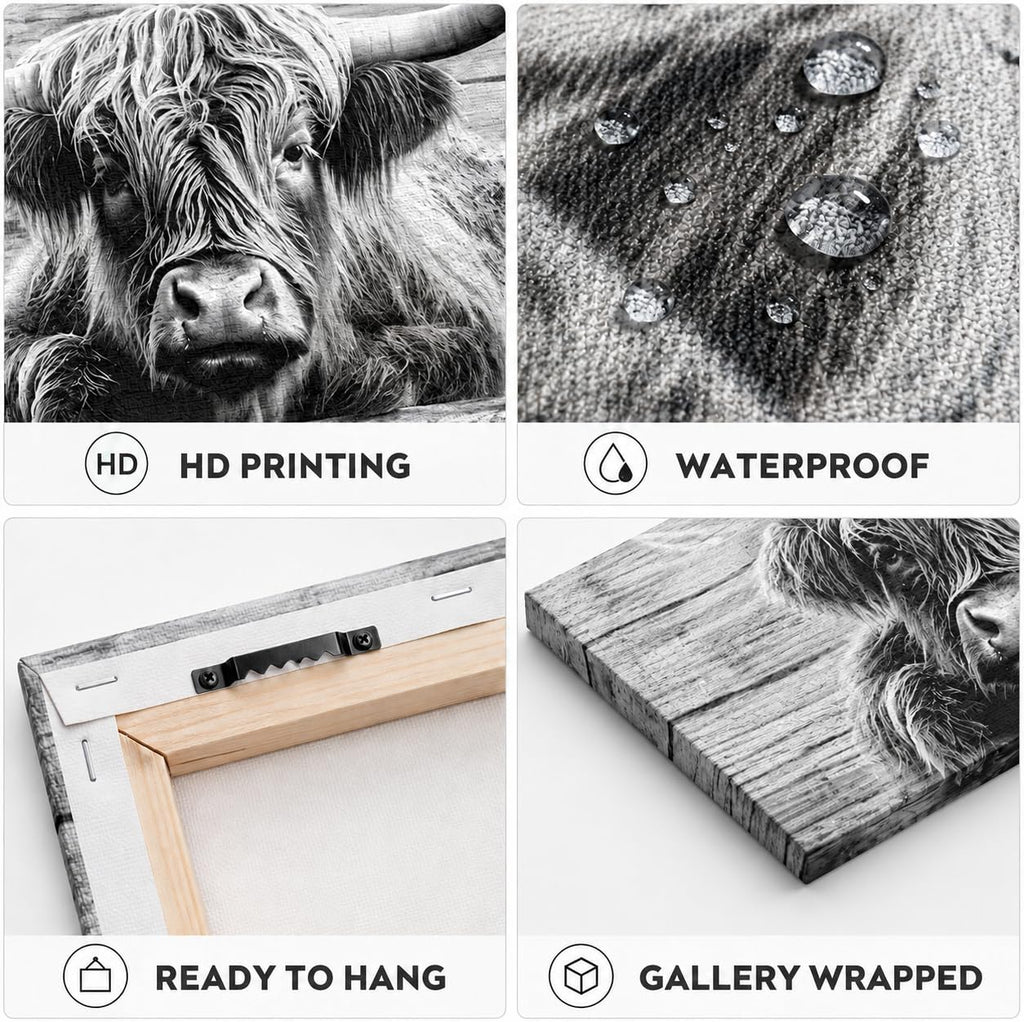 Large Highland Cow Canvas Wall Art Black and White Pasture Hairy Cow Pictures Vintage Wooden Panel Background Cow