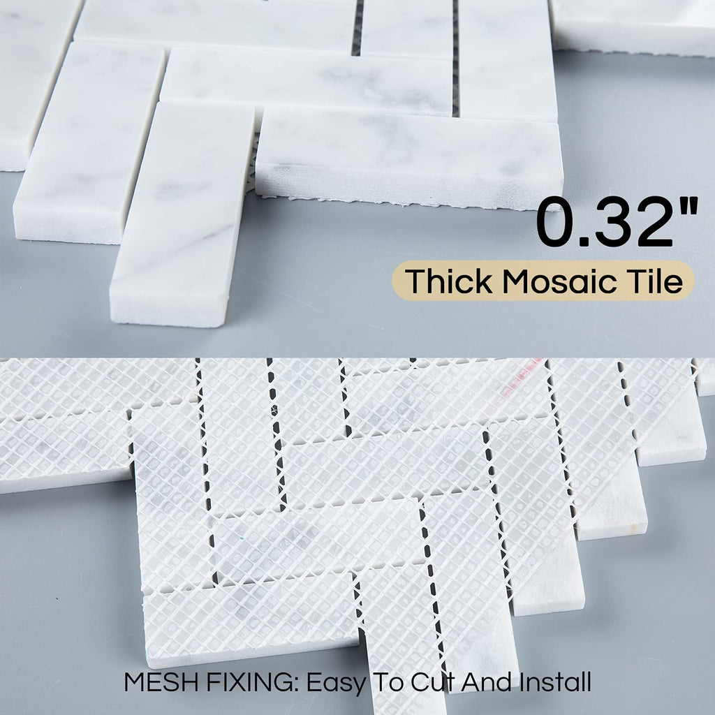 Carrara White Marble Mosaic Tile, Polished Herringbone Italian Bianco Marble Tile for Shower Kitchen Wall Bathroom