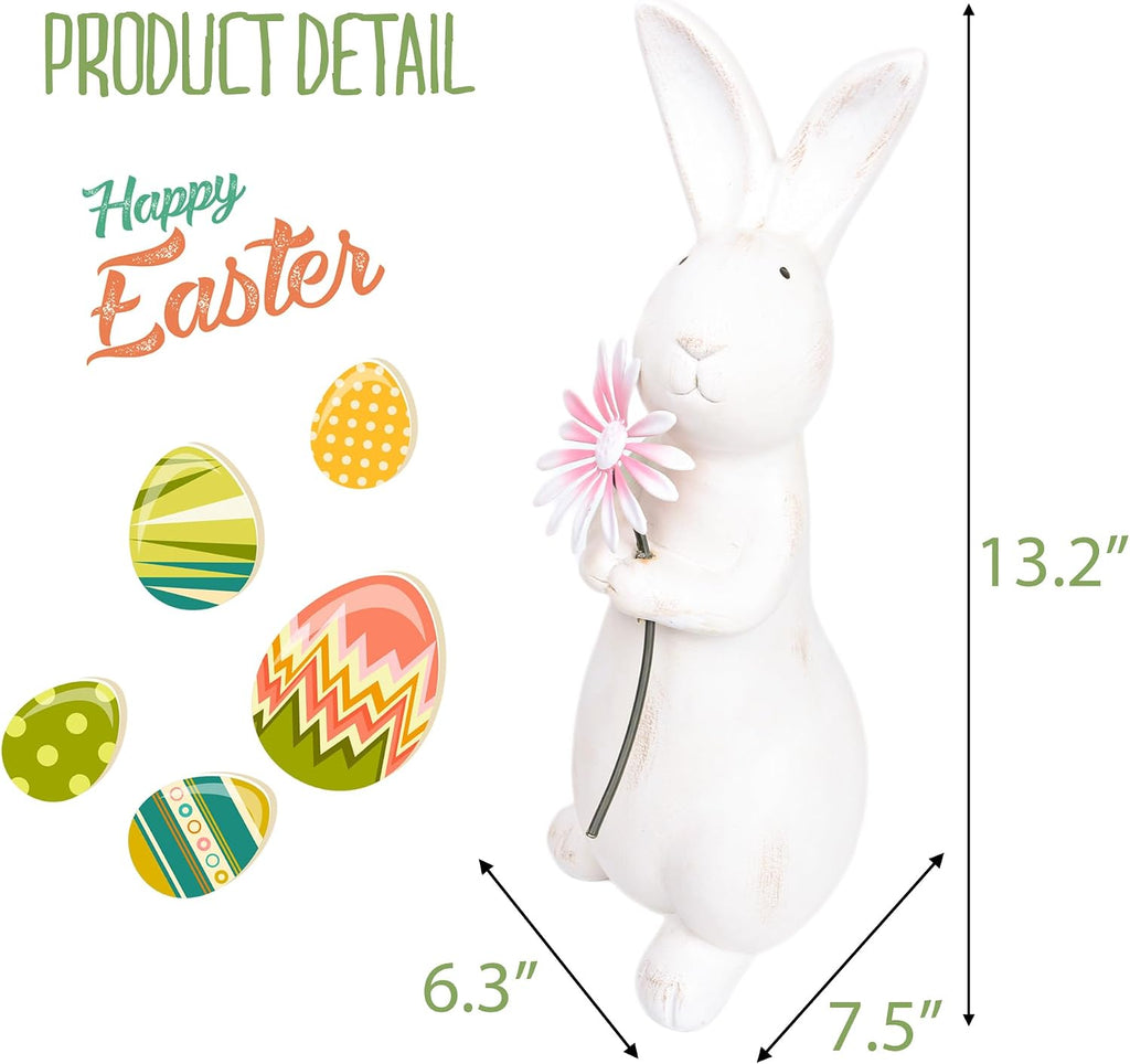 Spring Easter Decorations, 13.2" Distressed Resin Easter Bunny with Pink Flower, Easter Gifts, Farmhouse Decorative