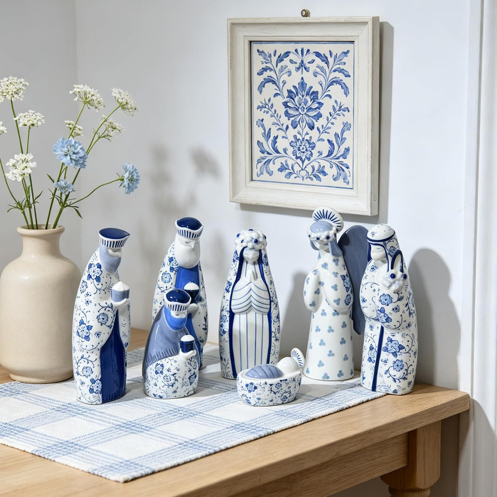 Chinoiserie Ceramic Nativity Set, 7-Piece, Blue and White, 6 inch