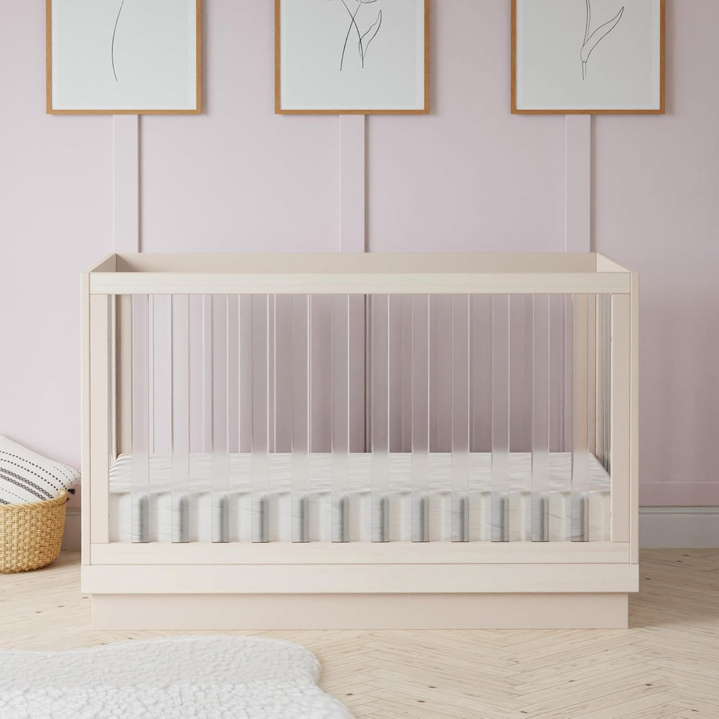 Harlow Acrylic 3-in-1 Convertible Crib with Toddler Bed Conversion Kit in Washed Natural with Acrylic Slats