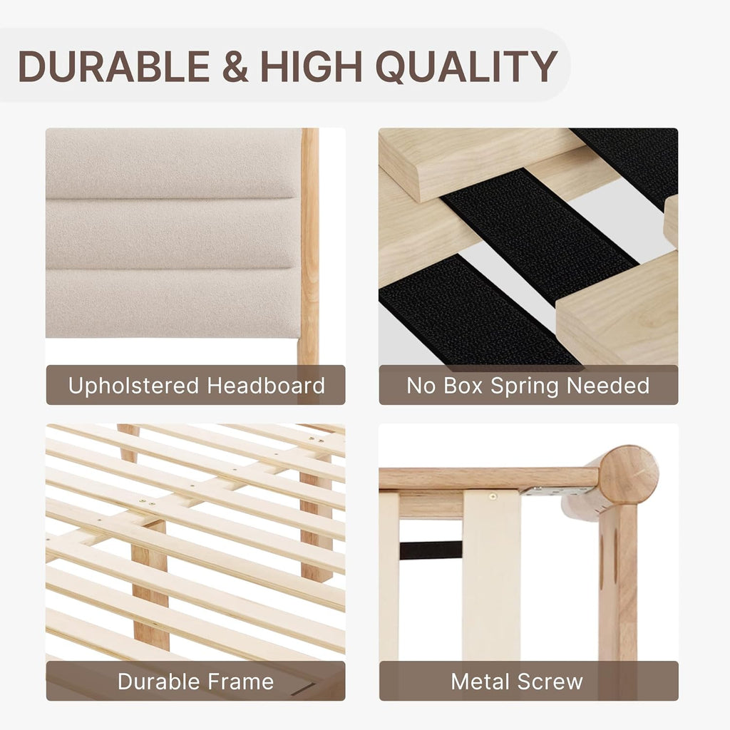 Wood Bed Frame with Upholstered Headboard Wooden Platform with Silent Slat Support Mattress Foundation No Box Spring