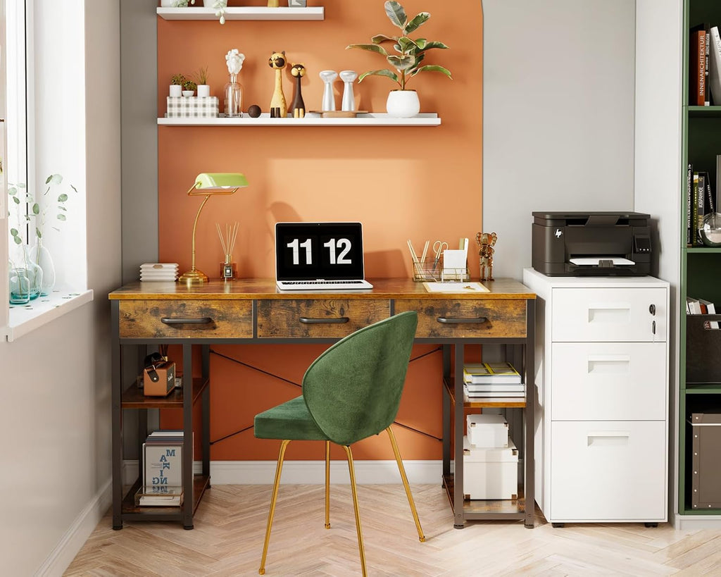 Office Small Computer Desk: Home Table with Fabric Drawers & Storage Shelves, Modern Writing Desk, Vintage, 48"x16"