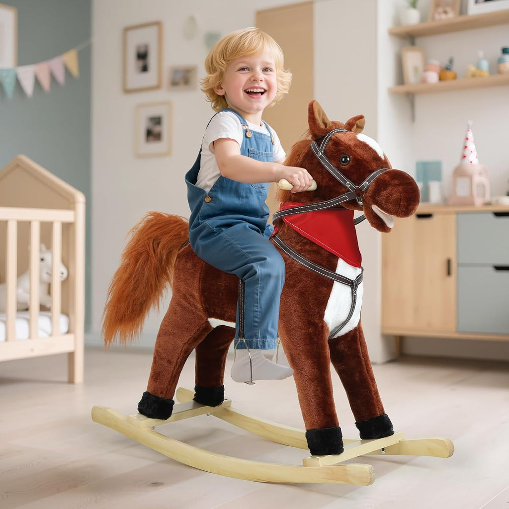 Plush Rocking Horse for Toddlers Age 1-6, Wooden Rocker with Moving Mouth & Wagging Tail, Musical with Sounds, 50kg