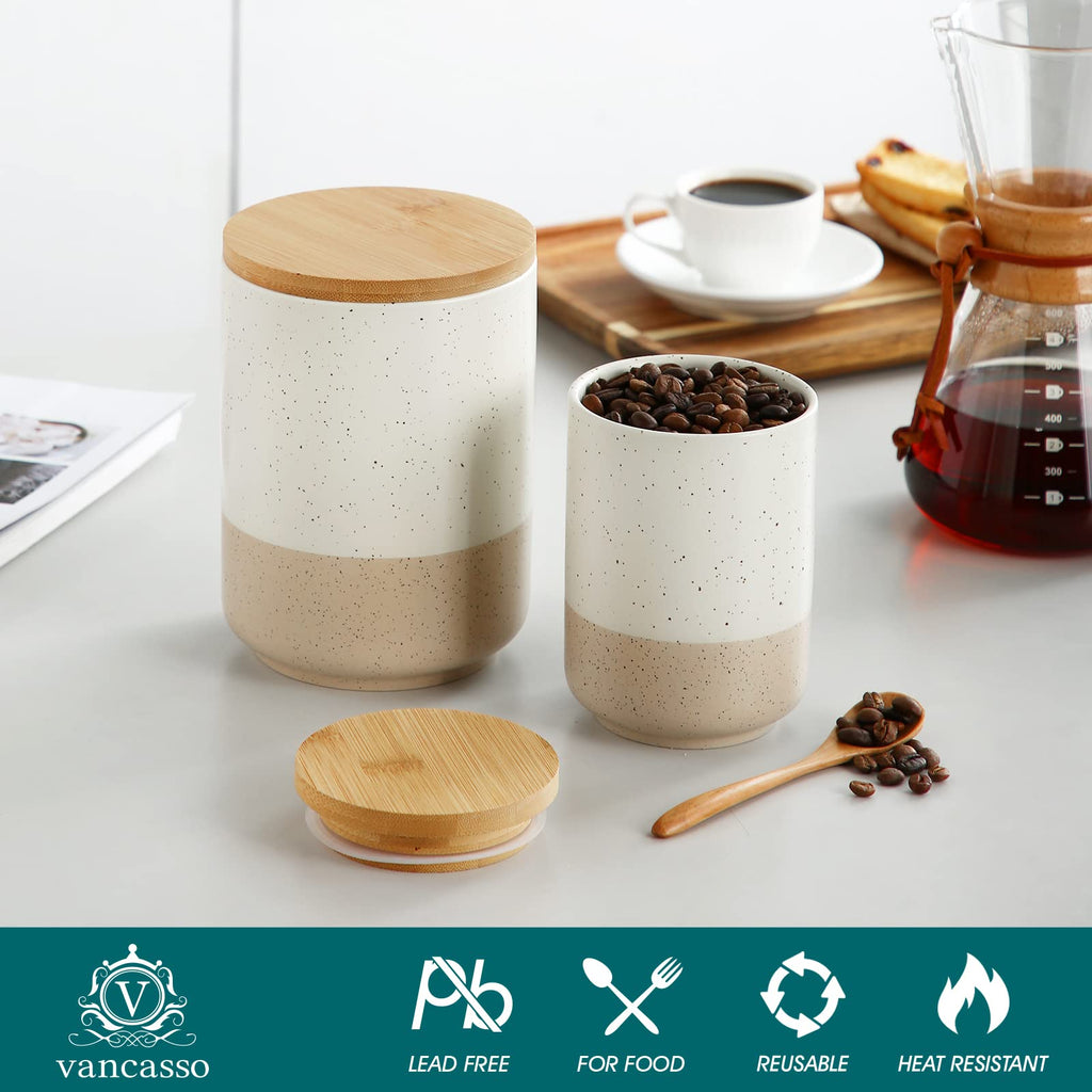 Sabine Ceramic Canister with Airtight Wood Lid - 36 oz Kitchen Storage Container for Coffee, Tea, Sugar, Nuts &