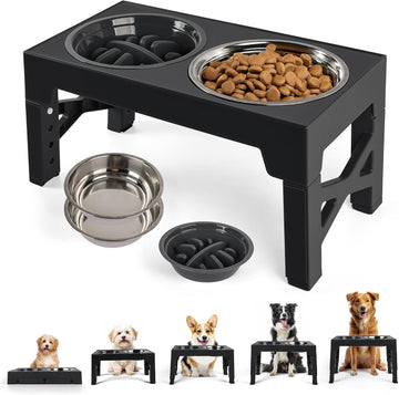 Elevated Dog Bowls, Raised Dog Bowl with Slow Feeder Bowl & Stainless Steel Bowls, 5 Heights Adjustable Dog Feeding