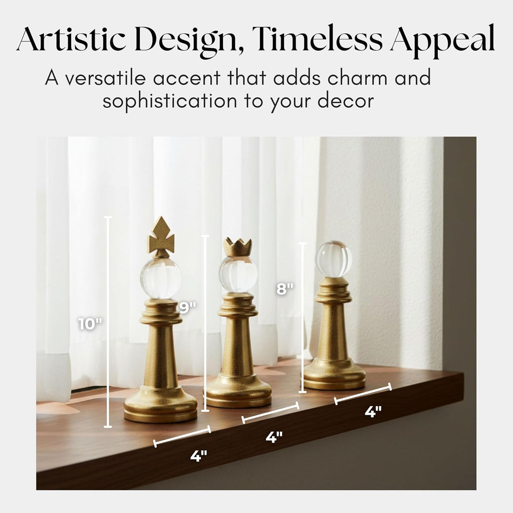 Turin Gold Chess Pieces- Metal & Glass Decorative Art with White Orb Tops and Metal Finish - Modern Home - Set of 3