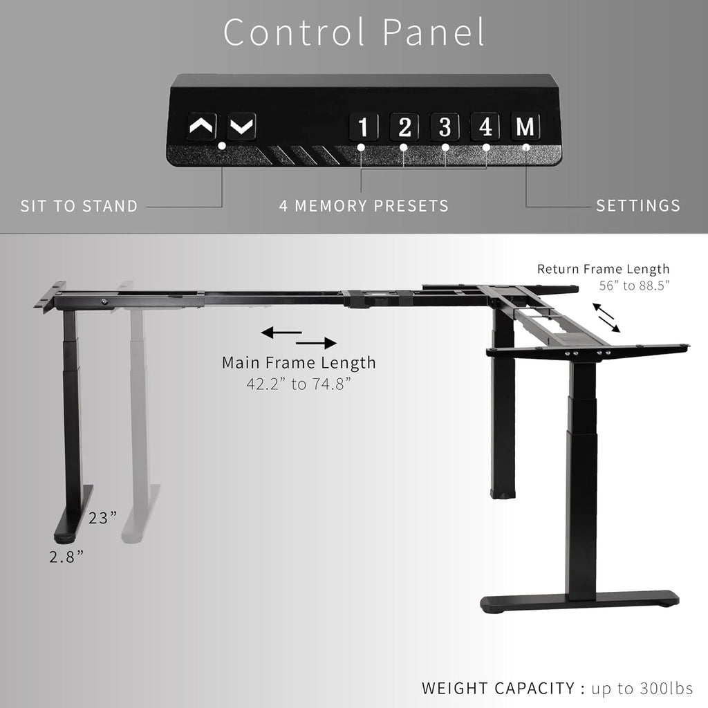 Black Electric Corner 3 Leg Standing Desk Frame, DESK-V130EB | Triple Motor, Height Adjustable, L-Shaped, Holds up to