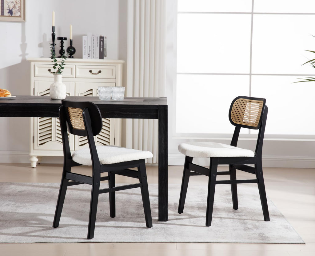 Rattan Dining Chairs Set of 2, Farmhouse Black Wood Dining Room Chairs with Cane Back, Upholstered Modern Sherpa