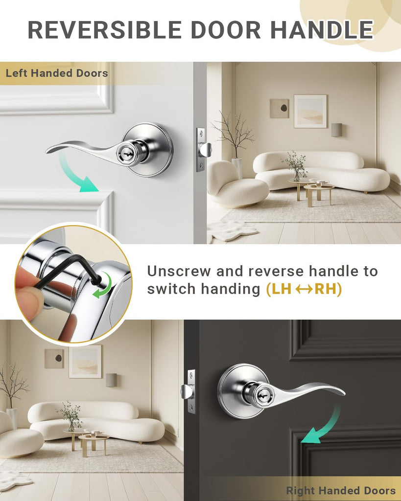 4 Pack Door Handle with Lock and Key, Keyed Alike Polished Chrome Door Knob for Front Entrance/Bedroom, Reversible