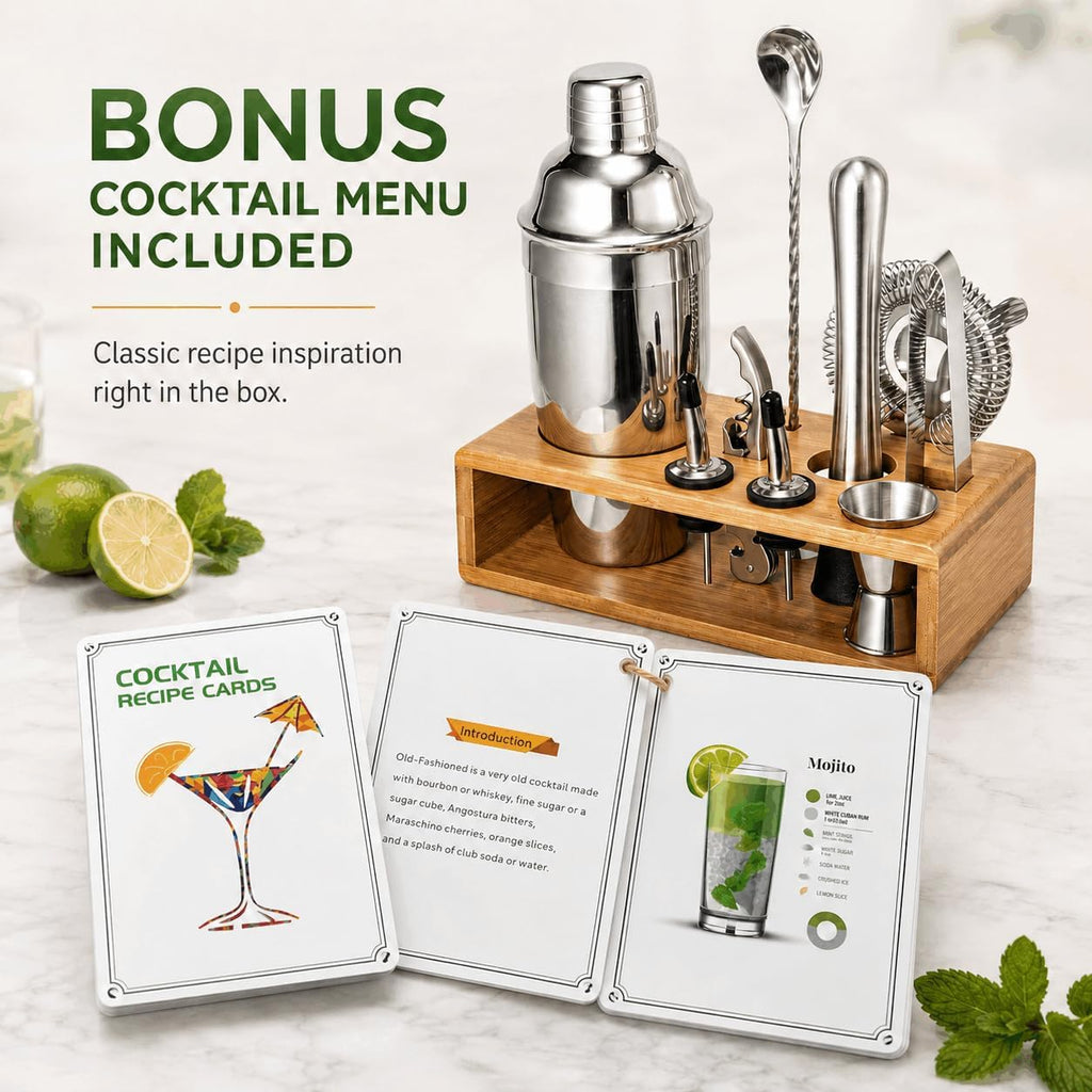 Cocktail Shaker Set, 18/8 Food-Grade Stainless Steel Mixology Bartender Kit 10-Piece Bar Tools with Stylish Bamboo - Set of 10
