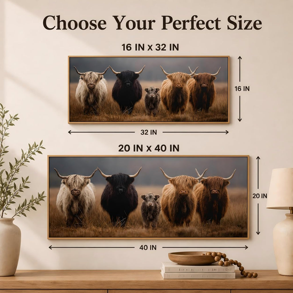 Framed Highland Cow Family Farmhouse Canvas Wall Art 16x32 Inch