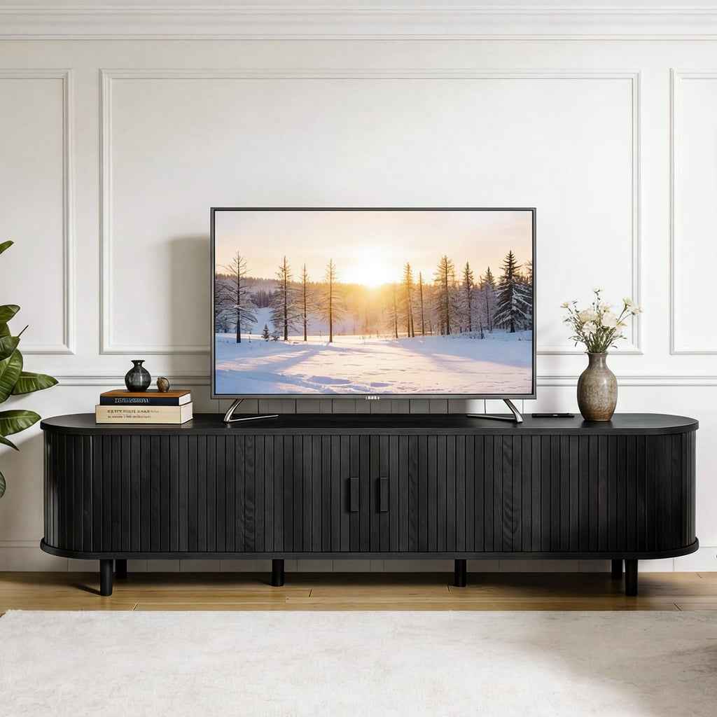 70" Mid Century Modern TV Stand, Wood TV Consoles with Sliding Doors and Power Outlet, Entertainment Center with