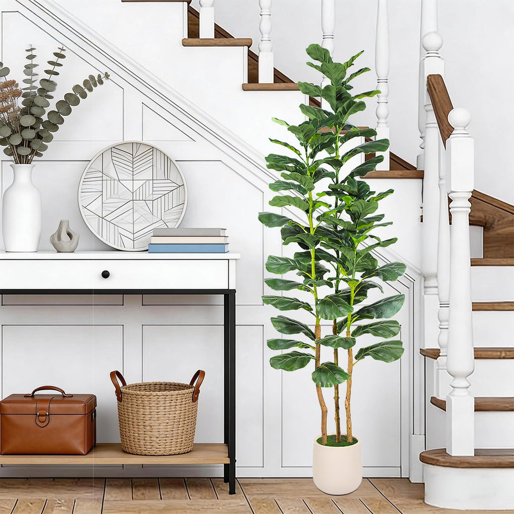 6ft Artificial Fiddle Leaf Fig Tree with White Planter, Tall Fake Plant with Natural Wood Trunk and Lifelike Leaves