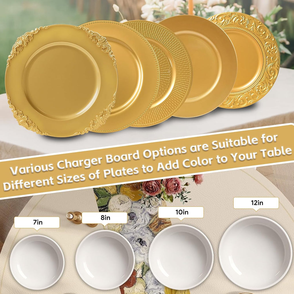 Gold Charger Plates Bulk, 13" Round Charger Plates with Embossed Rim, Decorative Dinner Gold Chargers - Set of 100
