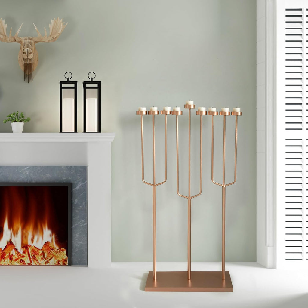 Modern Design l Hanukkah Exceptional presentational Piece, 9 Branch Tea Light Candle Holders, Rose Gold