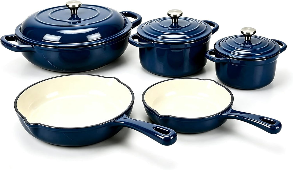 5-Piece Navy Blue Enameled Cast Iron Cookware Set | Includes 8" frying pan, 10" skillet, 2.8QT and 3.5QT Dutch ovens