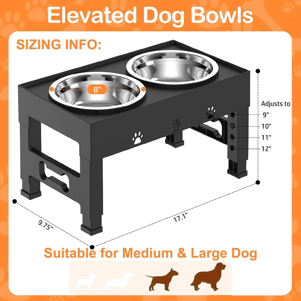 Elevated Dog Bowls with 2 Stainless Steel Bowls, 5-Height Adjustable Stand (3.1", 9" to 12"), for Improved Digestion