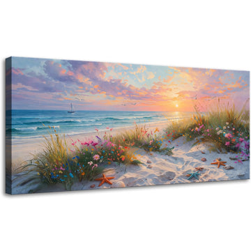 Sunset Coastal Canvas Wall Art Seaside Wildflower Seascape Print Ocean Beach Wall Art with Starfish Sailboat Seagull