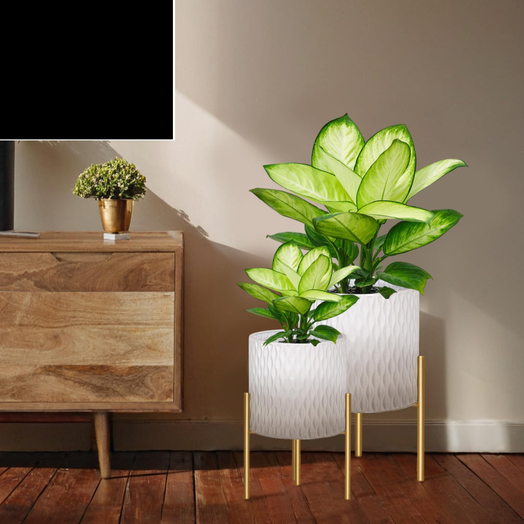 Plants Pots with Stand, Set of 2 Indoor Planter Pots, Unique Mid Century Decorative Metal Flower Pots with