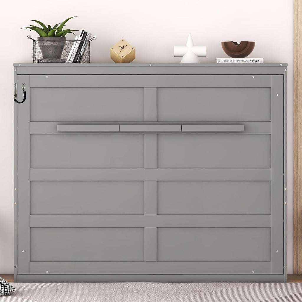 Modern Farmhouse Solid Wood Murphy Bed Chest, Wall Bed with Wood Slat Support/No Box Spring Needed/Space