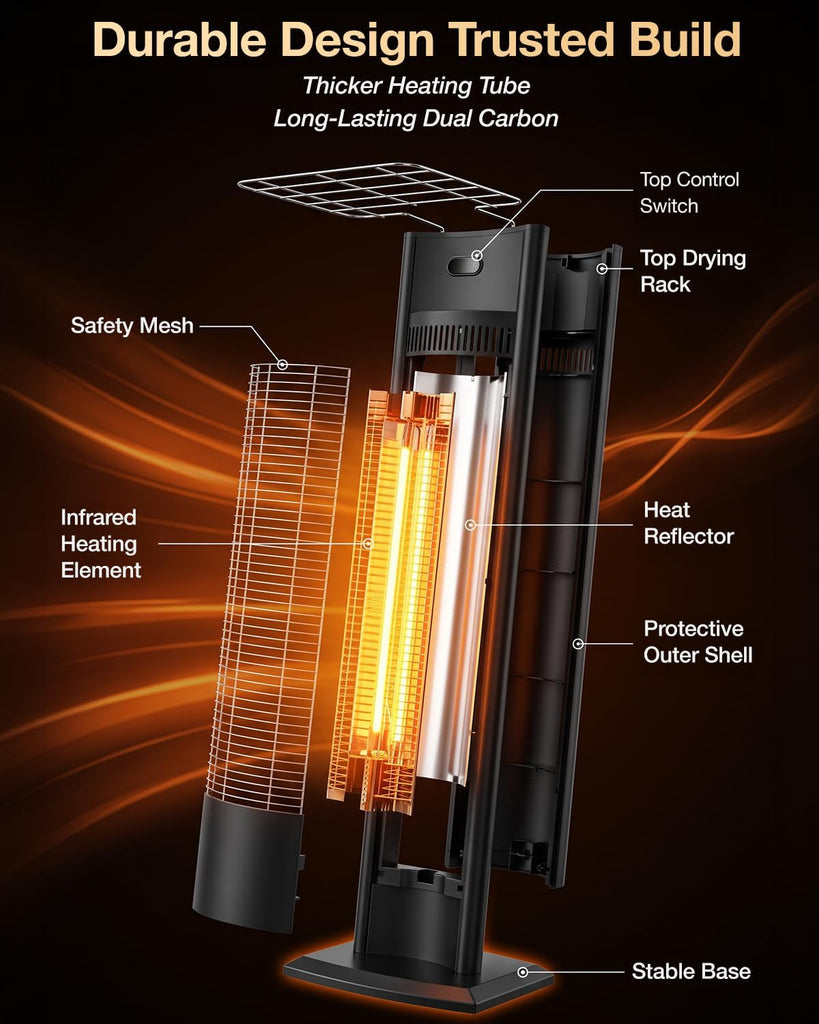 Electric Patio Heater 38.5in, 1500W Infrared Indoor & Outdoor, Portable Standing Space Heater with IPX4 Waterproof
