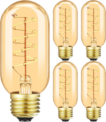 Vintage LED Spiral Filament Bulb T14, E26 Base, 4W Equivalent, 40W Warm White, 2200K, Dimmable, AC120V, 400LM, Amber