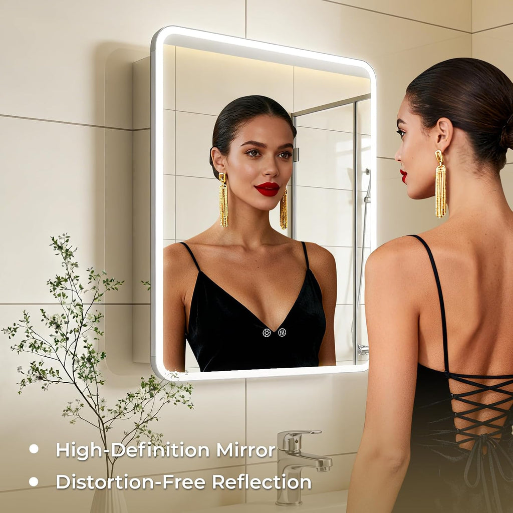22 x 28 LED Bathroom Medicine Cabinet, Rounded Corner Aluminum Frame Lighted Mirror Cabinet with 3-Color Dimmable