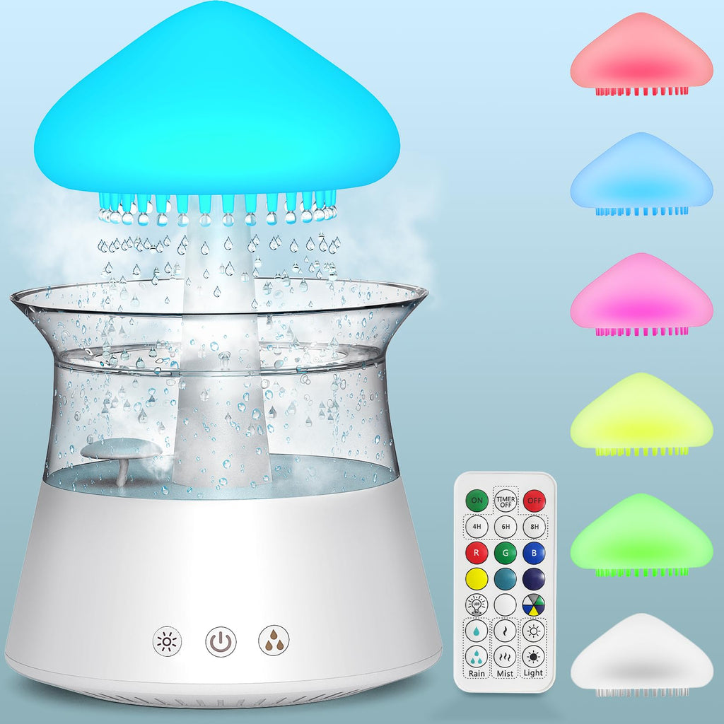 Cloud Humidifier Rain Water Drip Diffuser Humidifier with Remote Waterfall Lamp Mushroom Humidifier Rain Sounds White