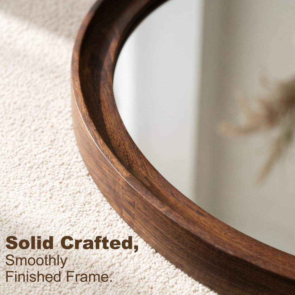 Round Wood Mirror, 26" Circle Mirror with Wooden Frame, Walnut Brown