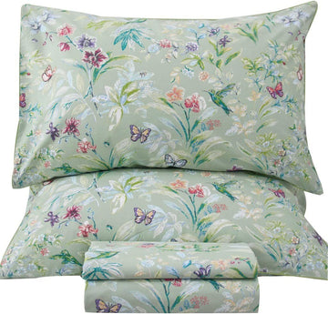 100% Egyptian Cotton Cal King Sheets, Green Flower Bird Butterfly Pattern Luxury Cotton Printed Flower California