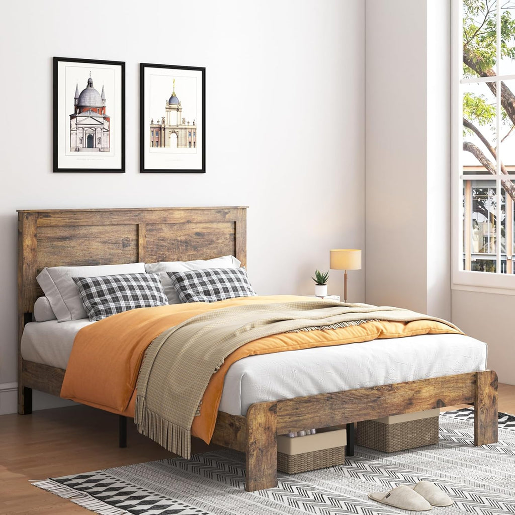 Wood Queen Bed Frame with Headboard, Rustic Farmhouse Platform Bed Frame with 12 Wood Slats Support, No Box Spring
