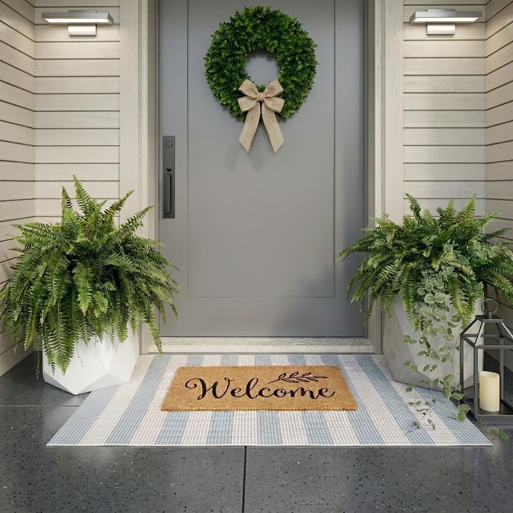 Layering Rug for Front Porch 2x4.3 Cute Welcome Mat Outside Entrance | Washable Front Door Mat, Blue White and Tan