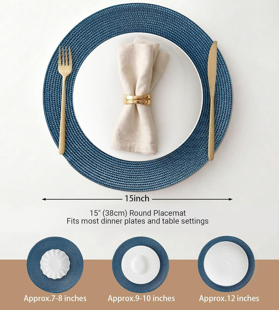 Round Braided Placemats Table Mats for Dining Tables Woven Washable Non-Slip Place mats 15 in(Blue, ) - Set of 6