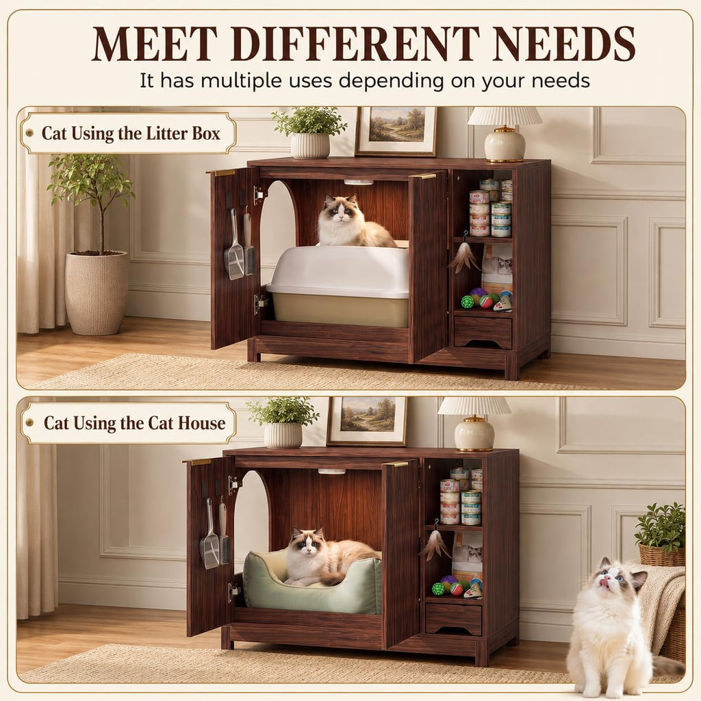 Cat Litter Box Enclosure, Multifunctional Storage Cabinet, Walnut