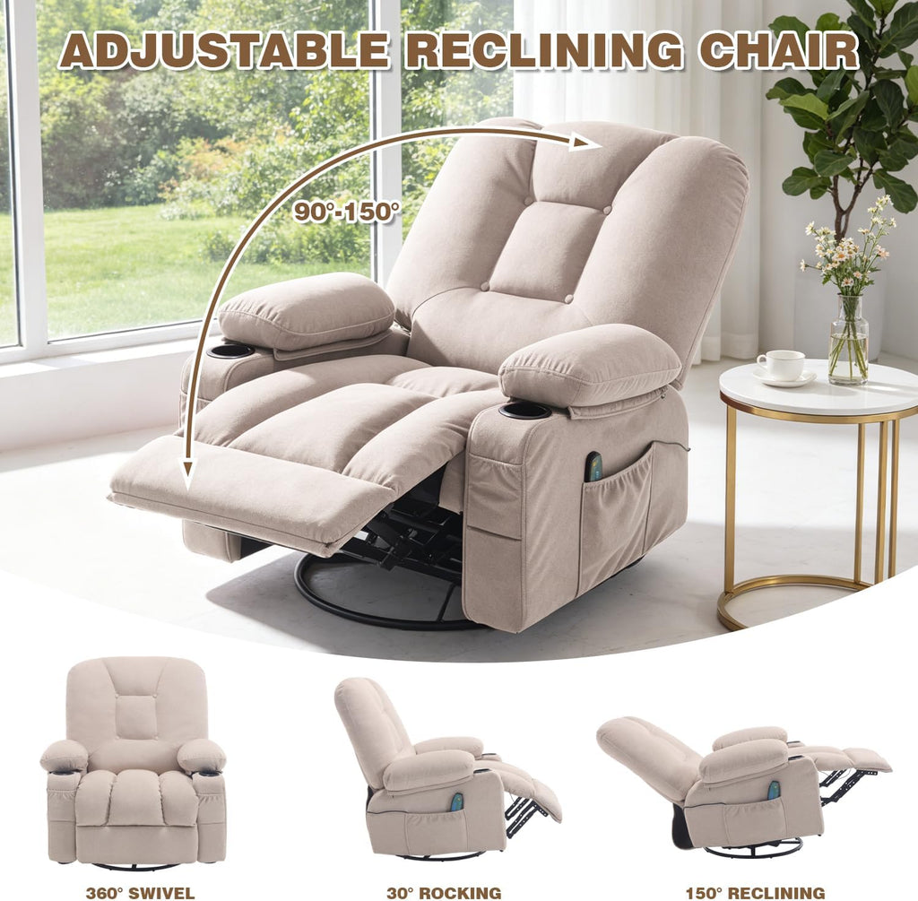 Rocking Recliner Chair with Massage Heat, Beige | Overstuffed Rocker Swivel Glider Sofa, Manul, Fabric, Living Room