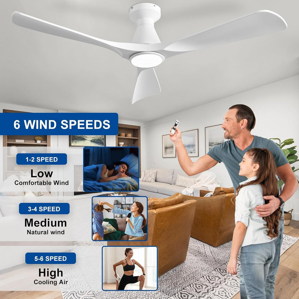 52-Inch Ceiling Fans with Lights: White 3 Blade Flush Mount Low Profile Ceiling Fan - Dimmable Indoor Outdoor Fan