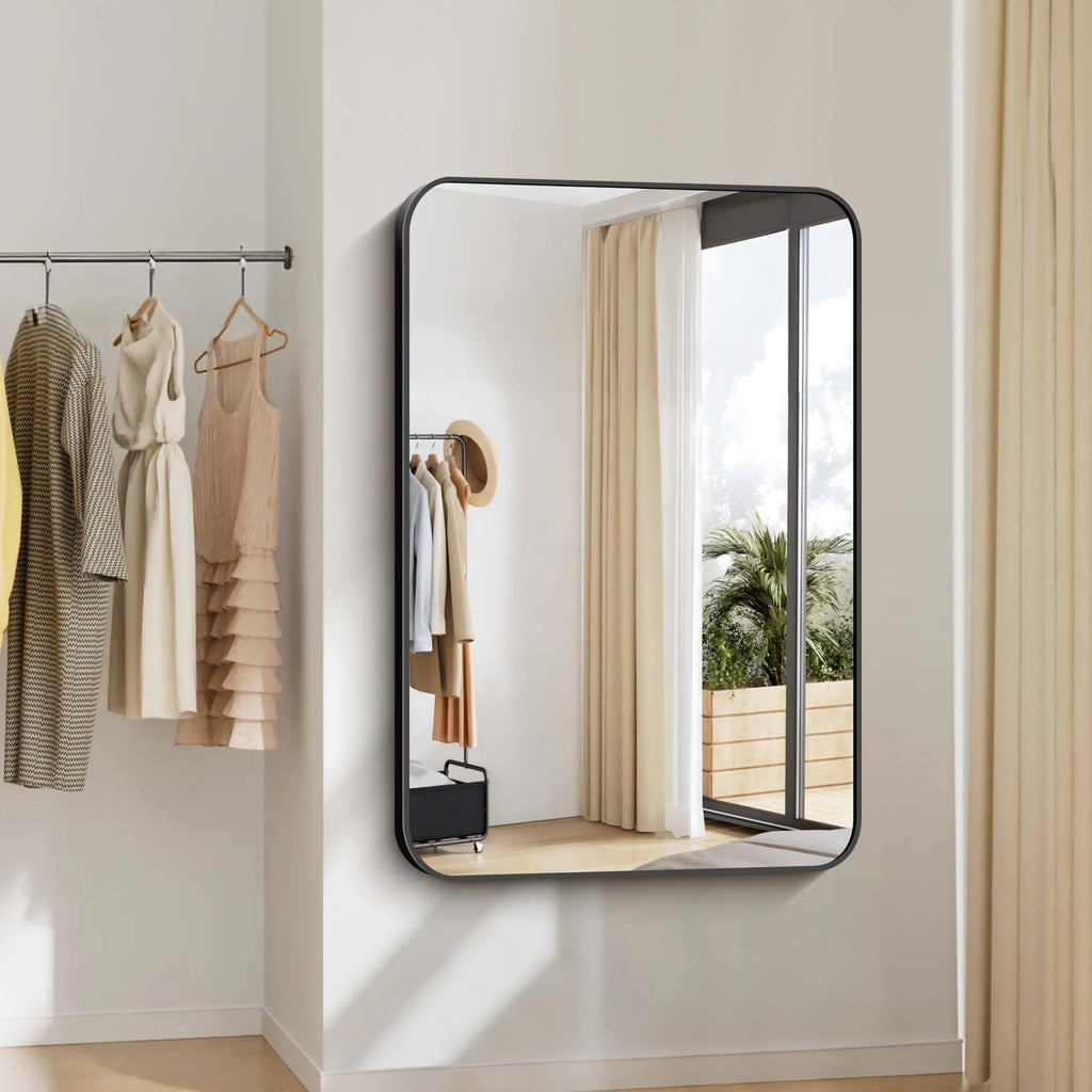 Bathroom Mirror, 48x36 inch Black Rectangle Wall Mirror, Metal Frame Rounded Corner Vanity Mirror, Large Wall Mounted